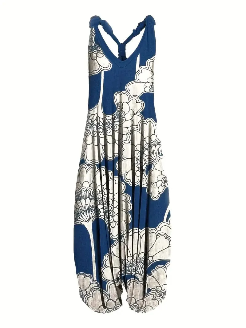 Blue and White Floral Print Wide-Leg Jumpsuit