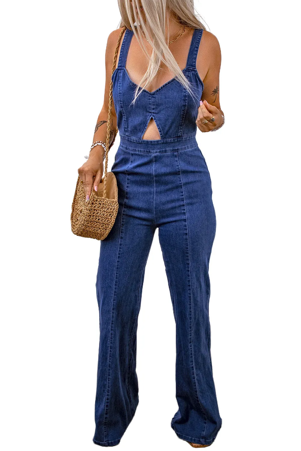 Blue Cut Out Zipped Sleeveless Denim Jumpsuit