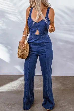 Blue Cut Out Zipped Sleeveless Denim Jumpsuit