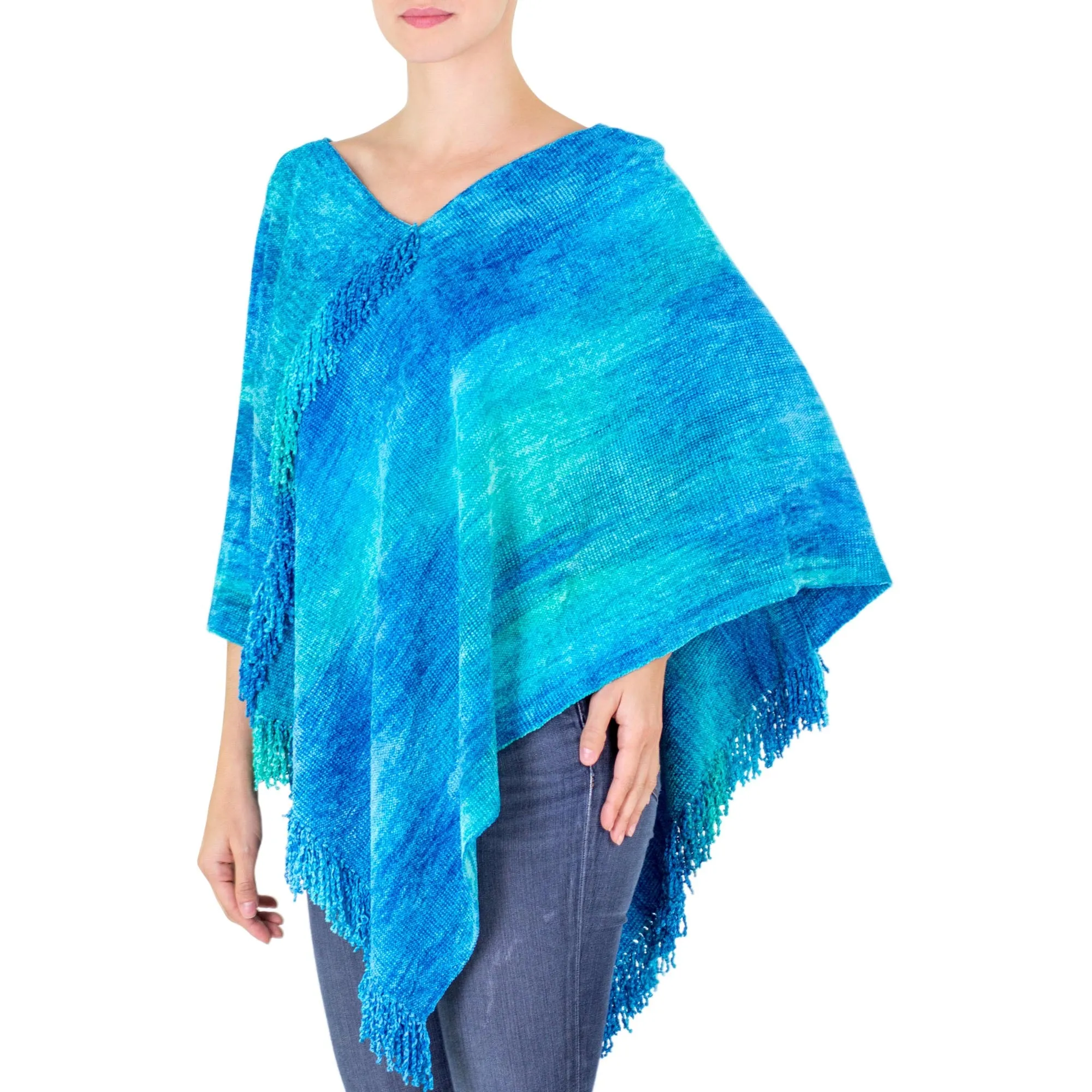 Blue Hand Woven Cotton Blend Poncho - Magical Lagoon | NOVICA