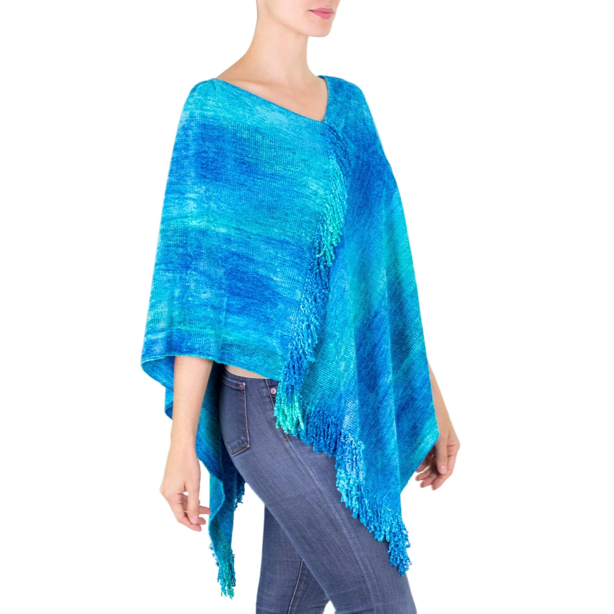 Blue Hand Woven Cotton Blend Poncho - Magical Lagoon | NOVICA