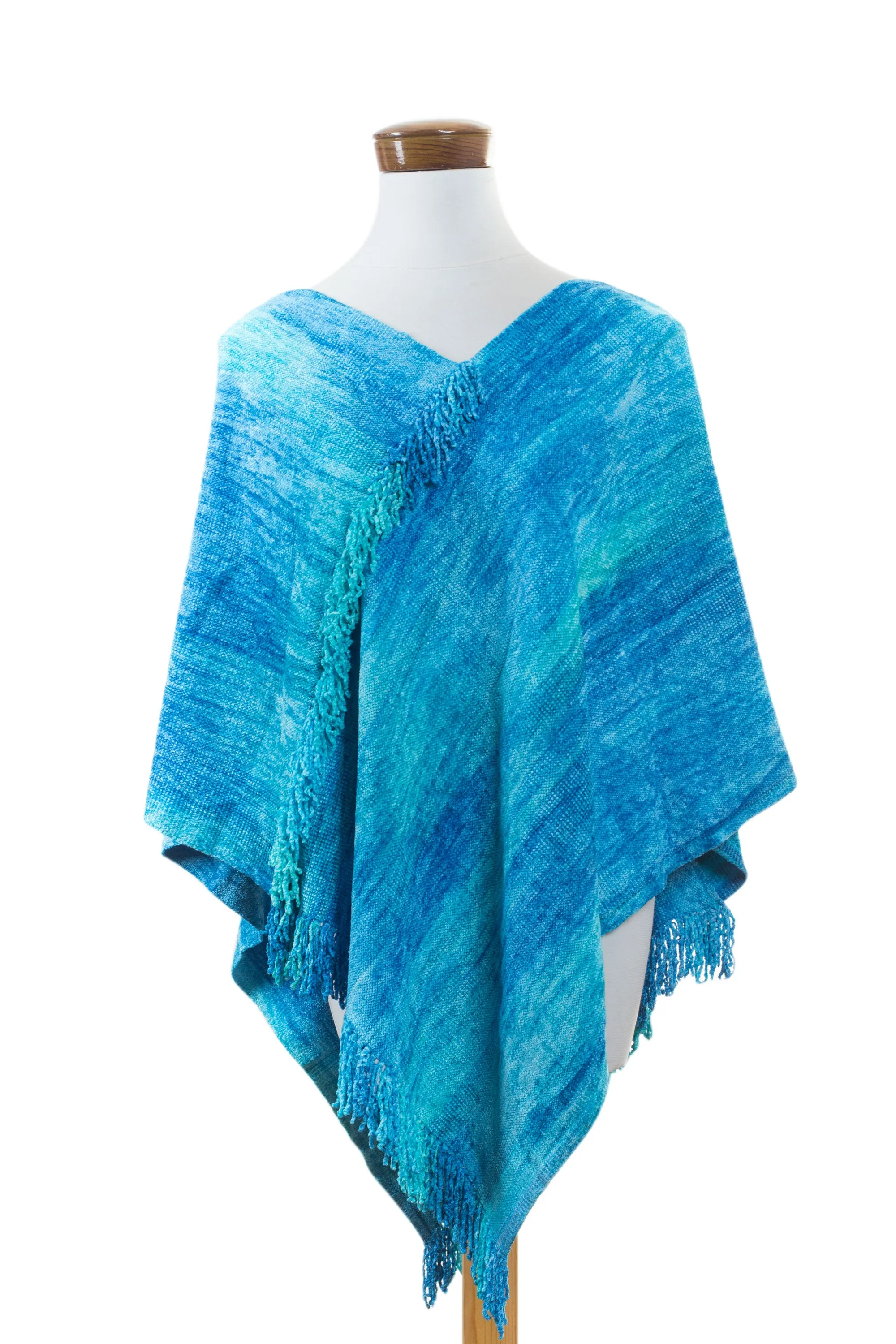 Blue Hand Woven Cotton Blend Poncho - Magical Lagoon | NOVICA