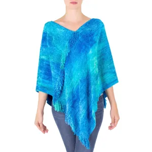 Blue Hand Woven Cotton Blend Poncho - Magical Lagoon | NOVICA