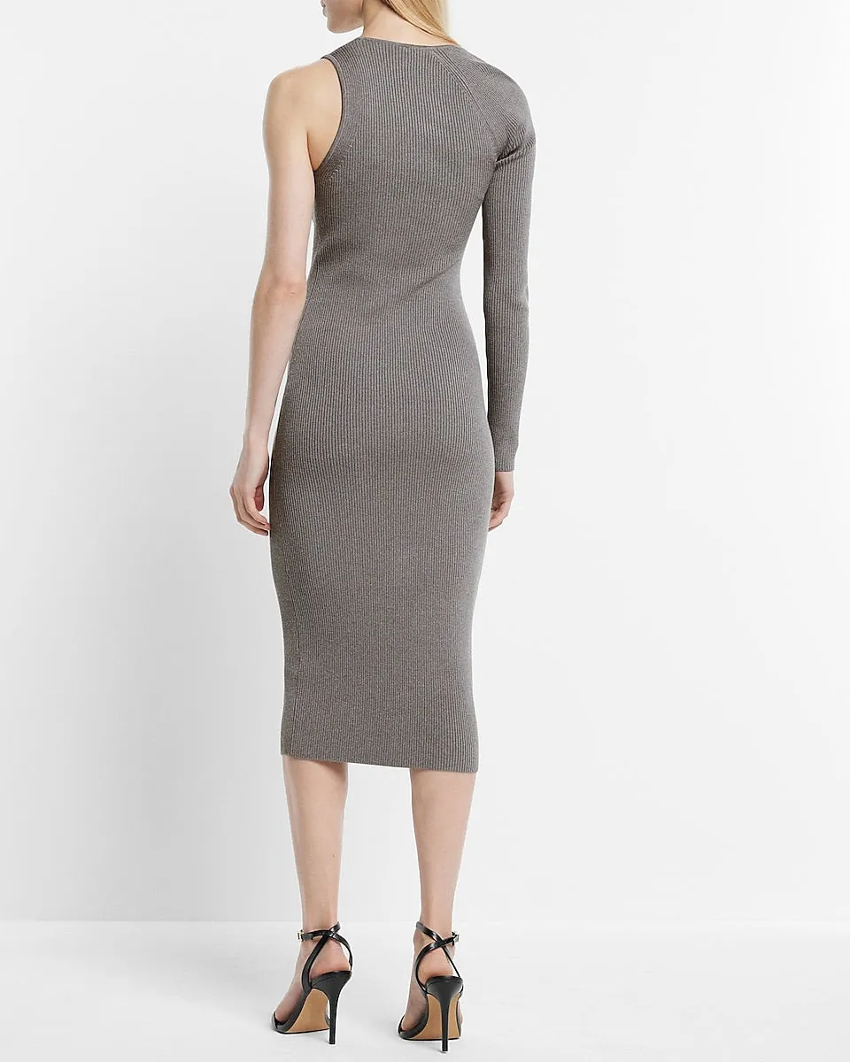 Body Contour Ribbed Asymmetrical One Shoulder Midi Sweater Dress in Slate Heather Gray