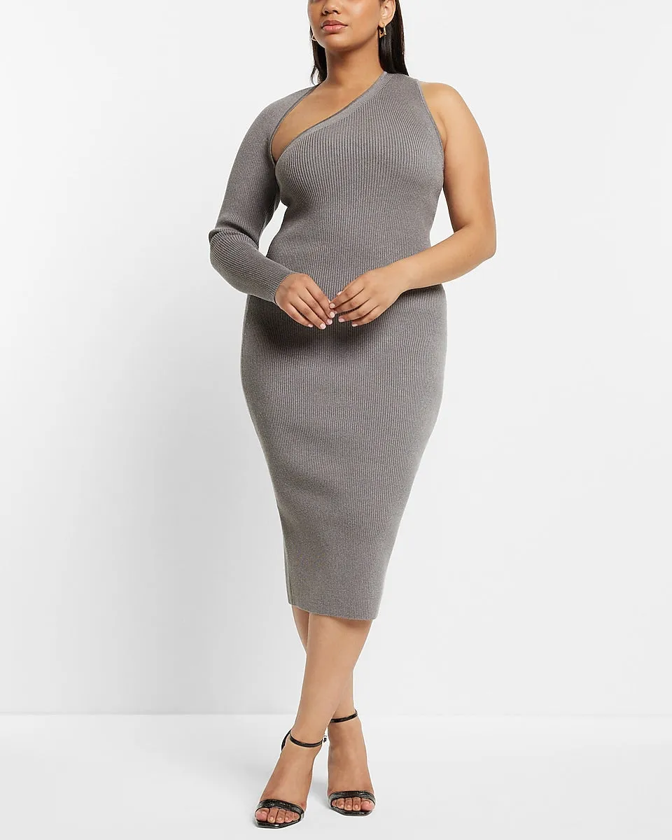 Body Contour Ribbed Asymmetrical One Shoulder Midi Sweater Dress in Slate Heather Gray