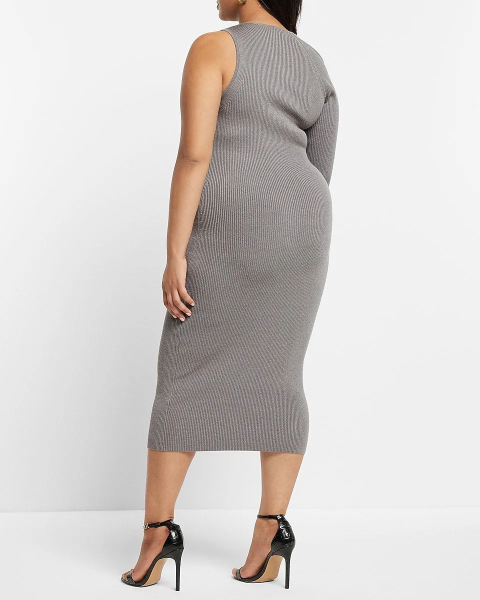 Body Contour Ribbed Asymmetrical One Shoulder Midi Sweater Dress in Slate Heather Gray