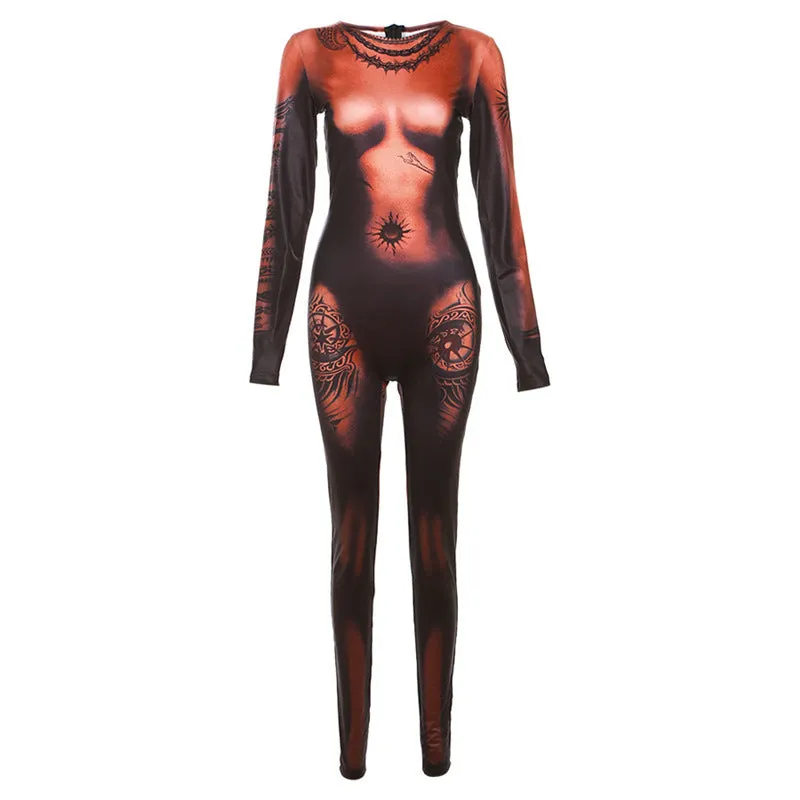 Body Print Long Sleeved Tight Jumpsuit