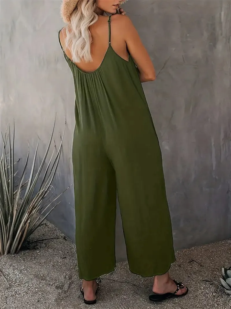 Boho Spaghetti Ruched Sleeveless Wide-Leg Jumpsuit