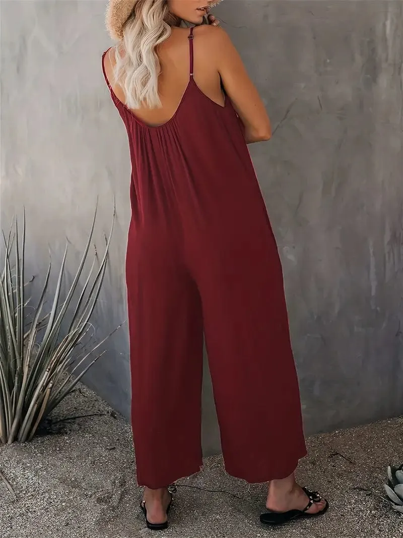 Boho Spaghetti Ruched Sleeveless Wide-Leg Jumpsuit