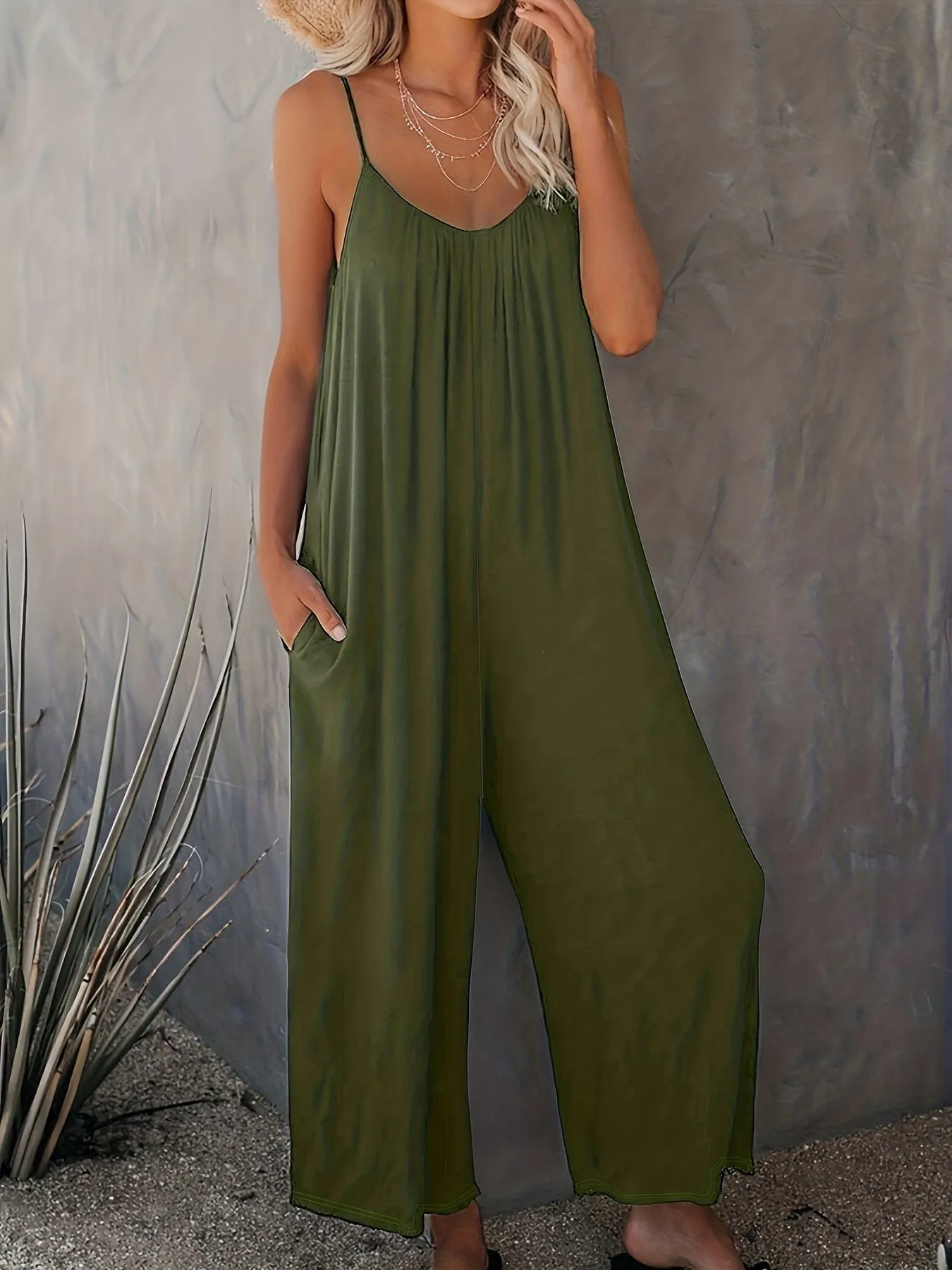 Boho Spaghetti Ruched Sleeveless Wide-Leg Jumpsuit