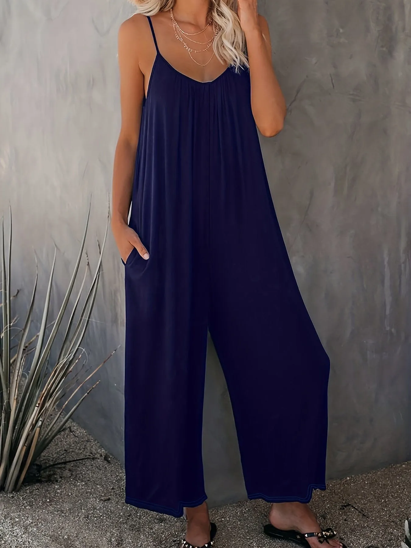 Boho Spaghetti Ruched Sleeveless Wide-Leg Jumpsuit