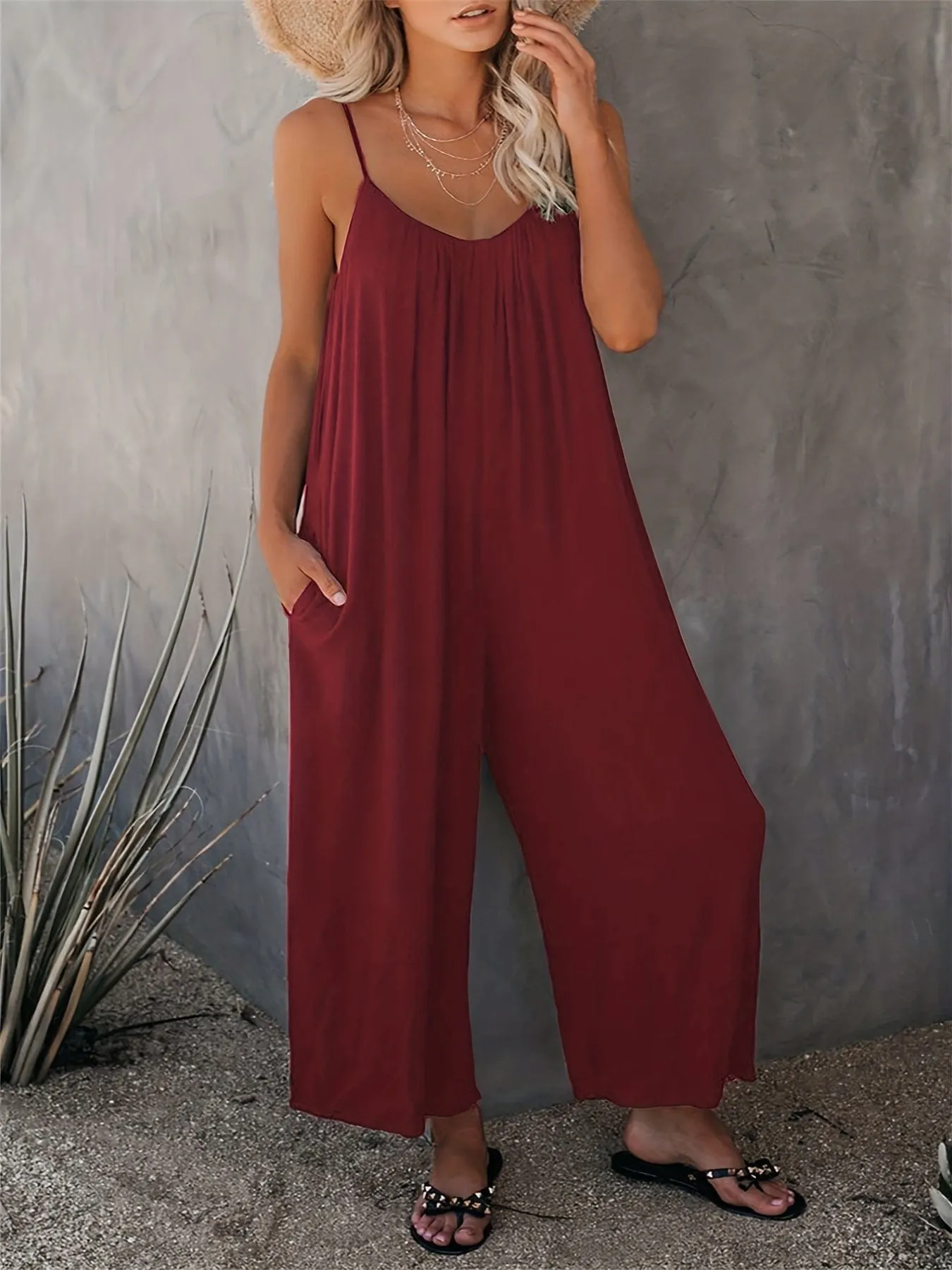 Boho Spaghetti Ruched Sleeveless Wide-Leg Jumpsuit