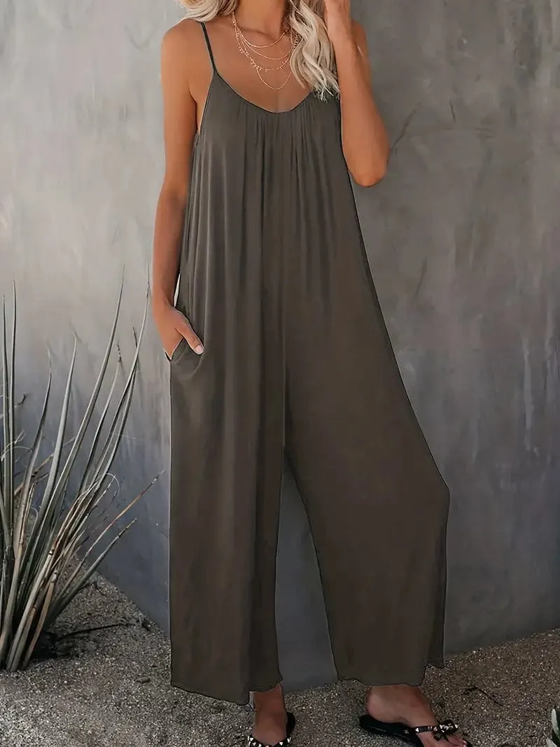 Boho Spaghetti Ruched Sleeveless Wide-Leg Jumpsuit