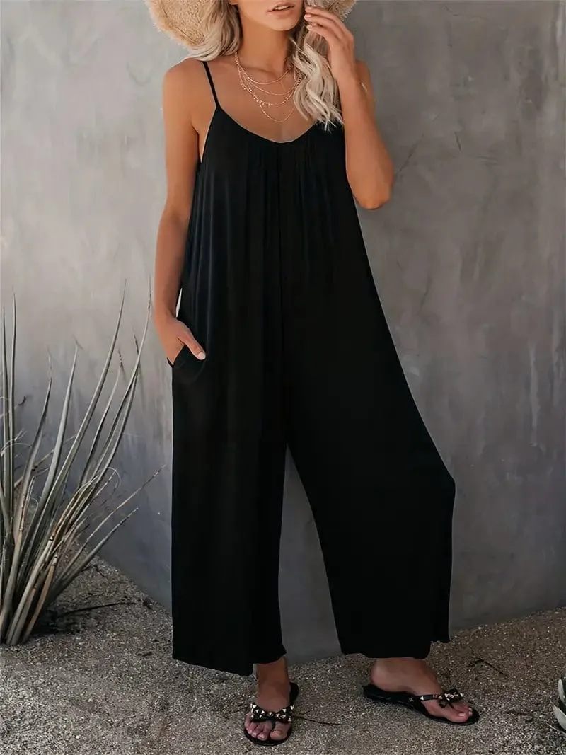 Boho Spaghetti Ruched Sleeveless Wide-Leg Jumpsuit