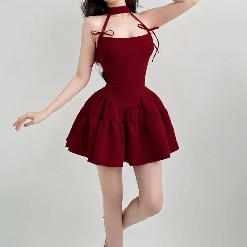 Bow Backless Halter Neck Tie Puffy Red Dress