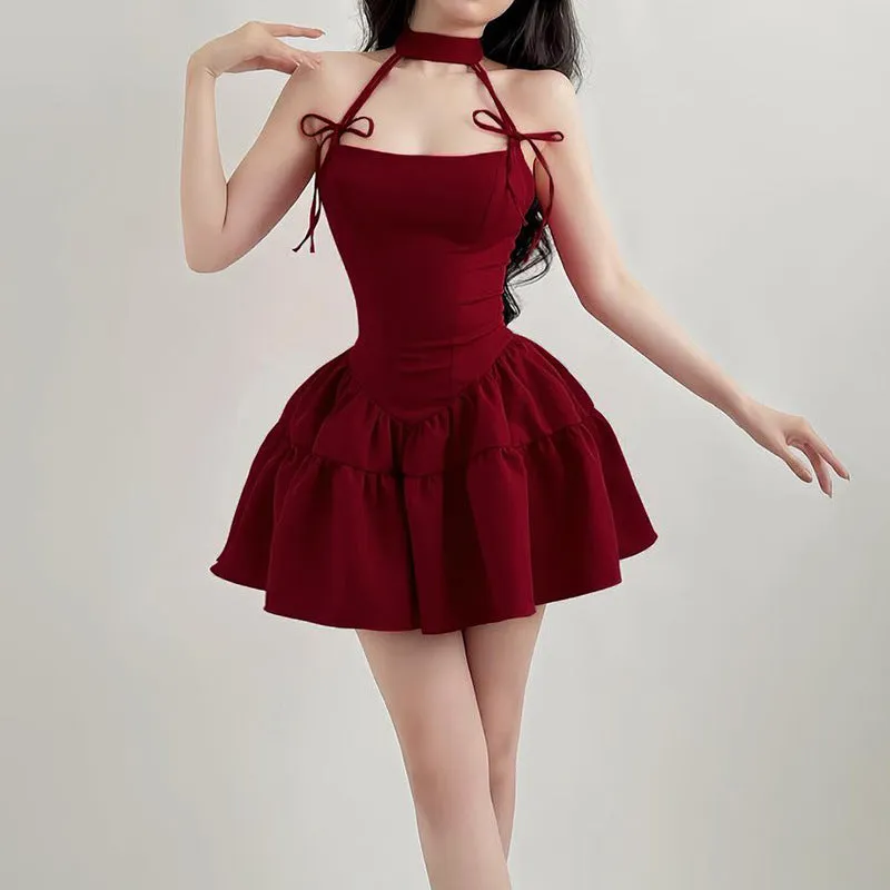 Bow Backless Halter Neck Tie Puffy Red Dress