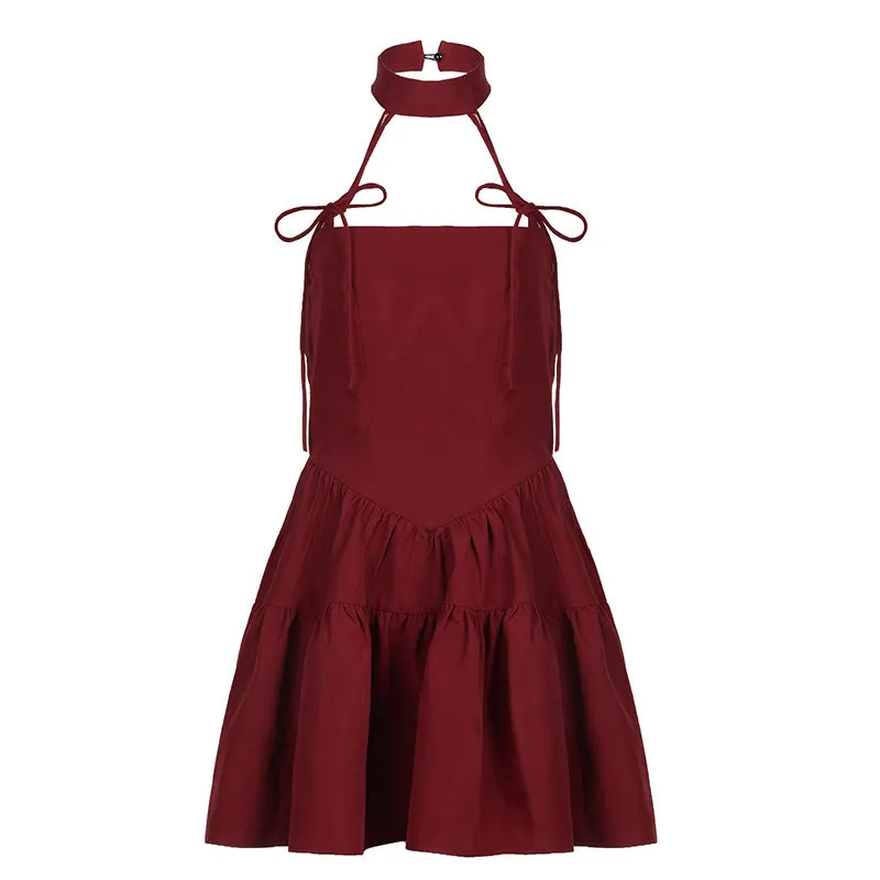 Bow Backless Halter Neck Tie Puffy Red Dress