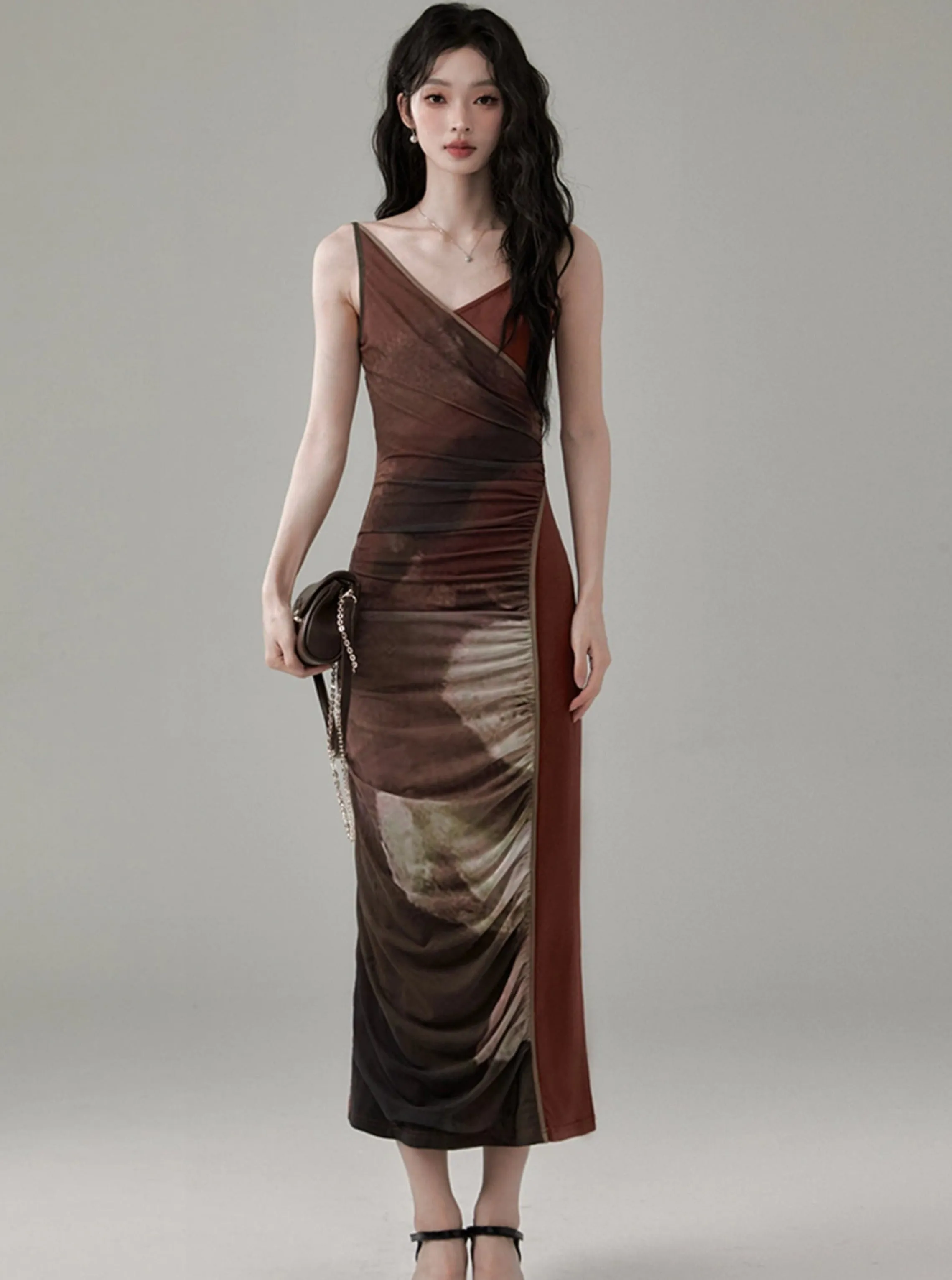 Brown Mesh V-Neck Slip Dress