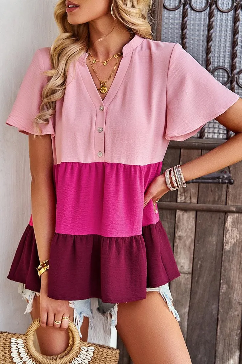 BUTTON UP COLOR BLOCK RUFFLED TUNIC TOP