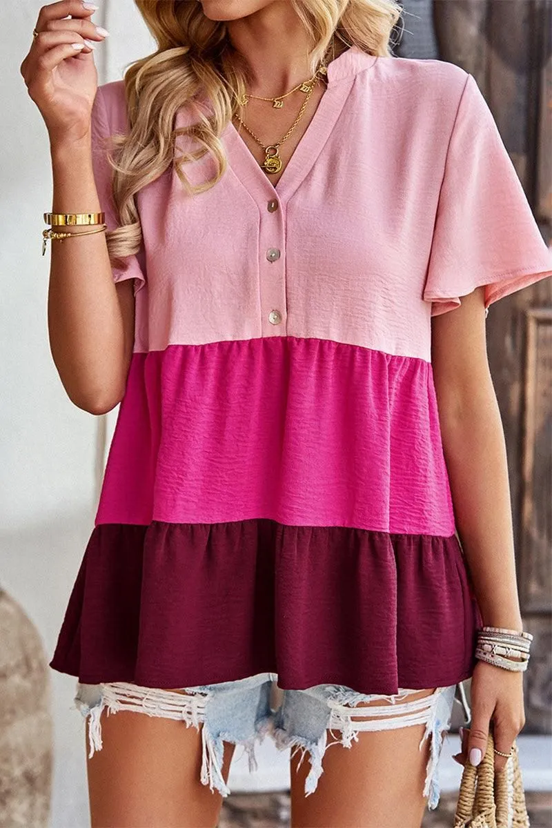 BUTTON UP COLOR BLOCK RUFFLED TUNIC TOP