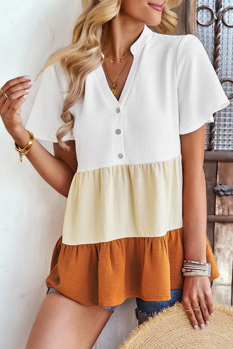 BUTTON UP COLOR BLOCK RUFFLED TUNIC TOP