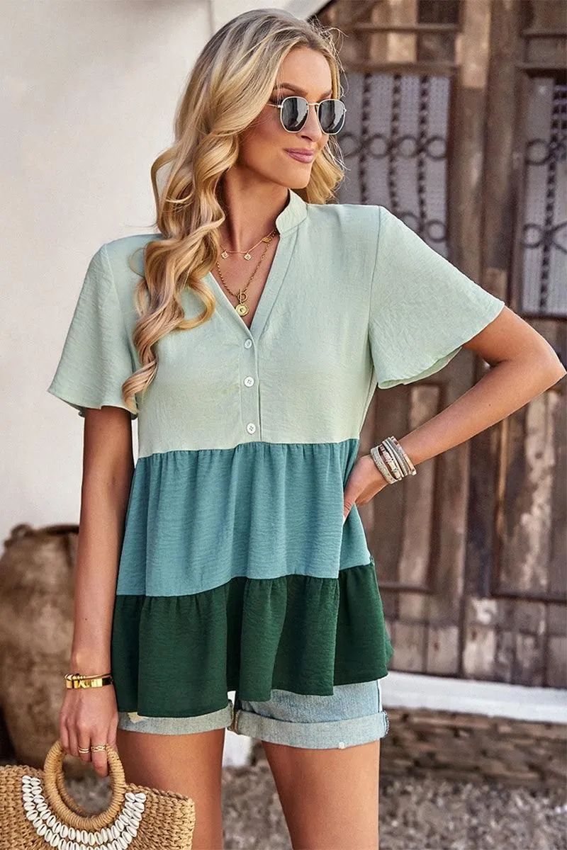 BUTTON UP COLOR BLOCK RUFFLED TUNIC TOP