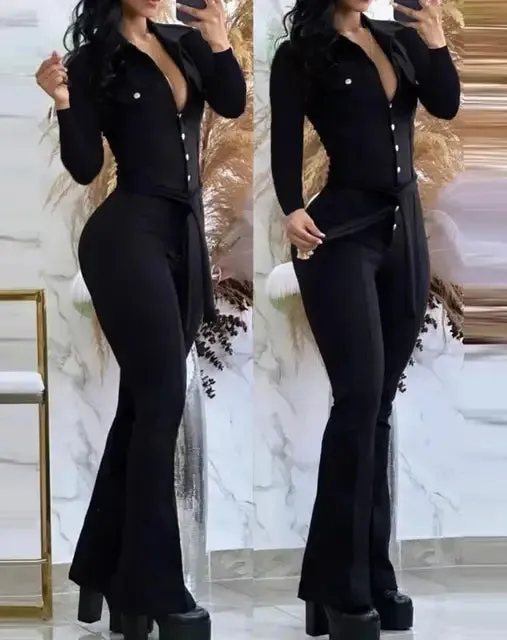 Buttoned Tied Turn-Down Collar Flared Long Sleeves Bodycon Jumpsuit