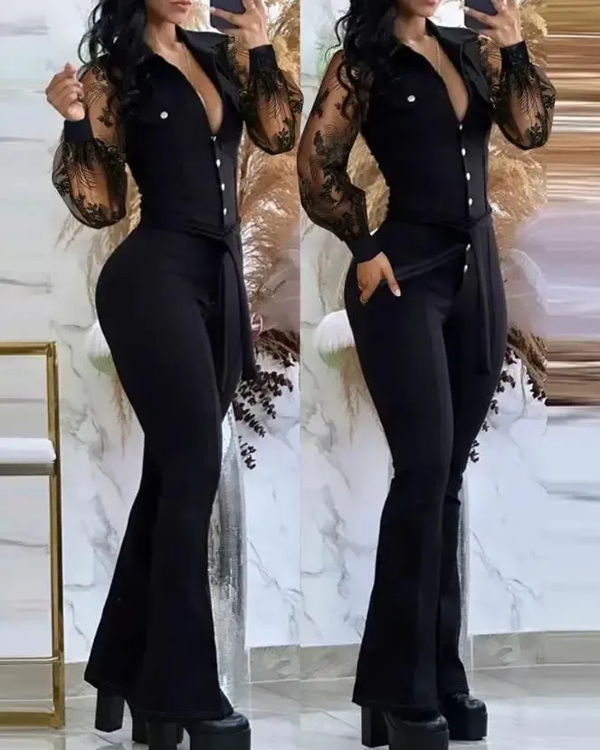 Buttoned Tied Turn-Down Collar Flared Long Sleeves Bodycon Jumpsuit