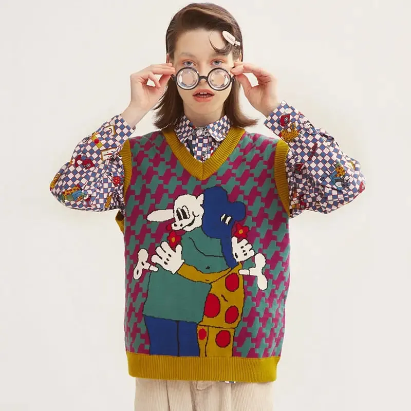 Cartoon Animals Loose V-Neck Knitted Vest