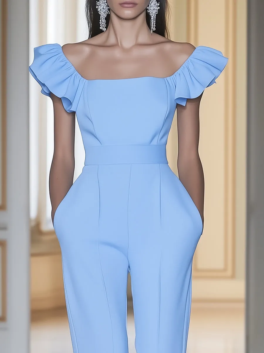 Casual Fashion Blue Ruffled Short Sleeve Jumpsuit