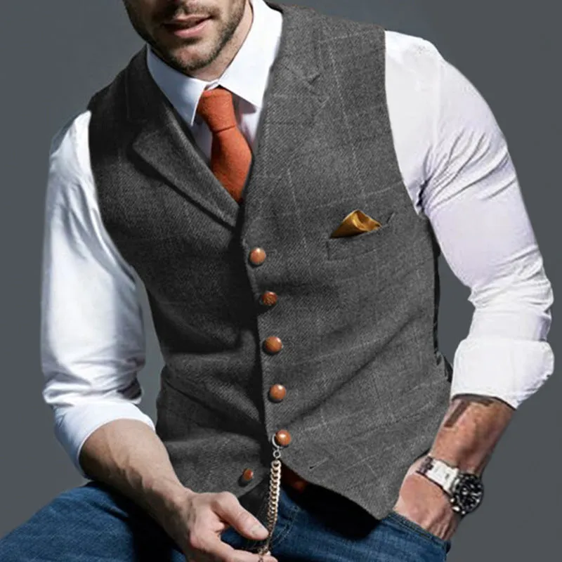 Casual Lapel Plaid Slim Fit Men's Vest