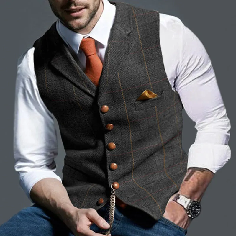 Casual Lapel Plaid Slim Fit Men's Vest