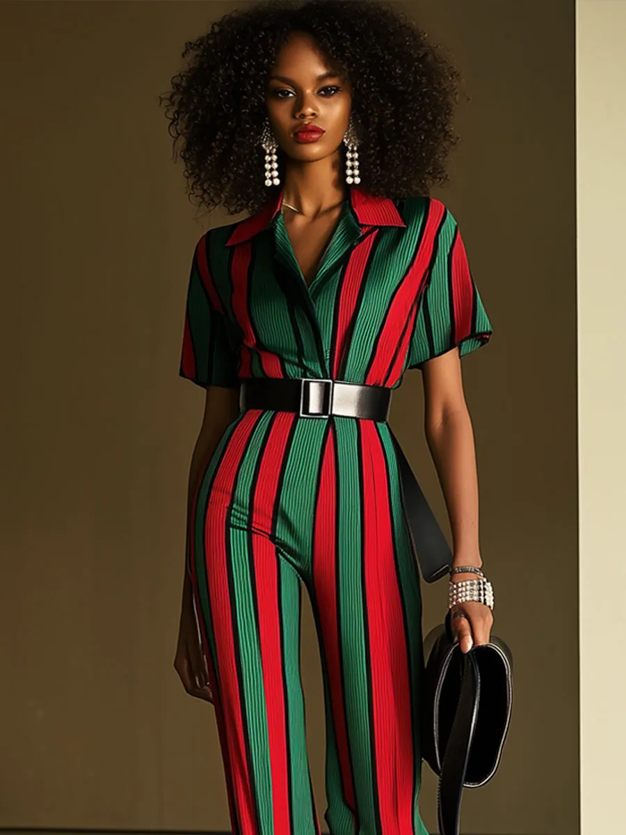 Casual Loose Retro Red And Green Striped Short-Sleeved Jumpsuit