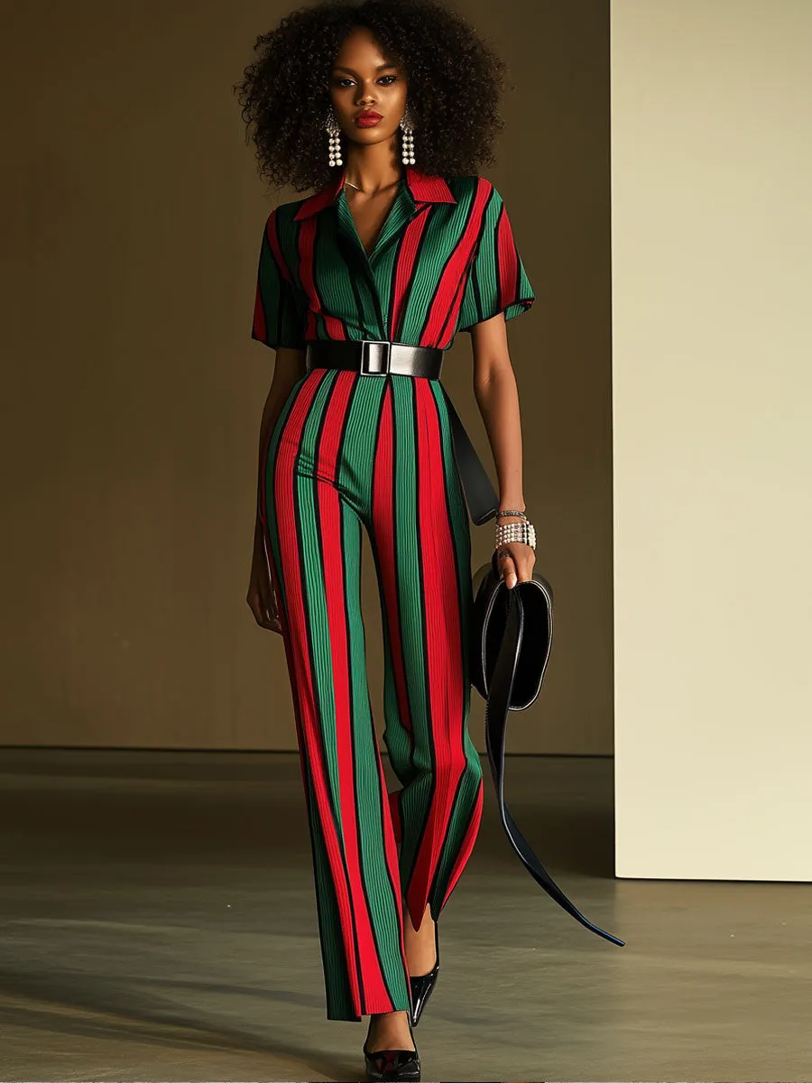 Casual Loose Retro Red And Green Striped Short-Sleeved Jumpsuit