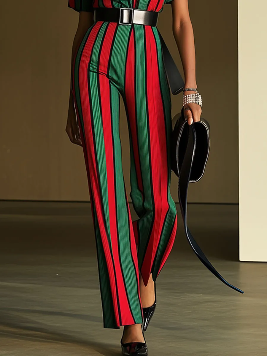 Casual Loose Retro Red And Green Striped Short-Sleeved Jumpsuit