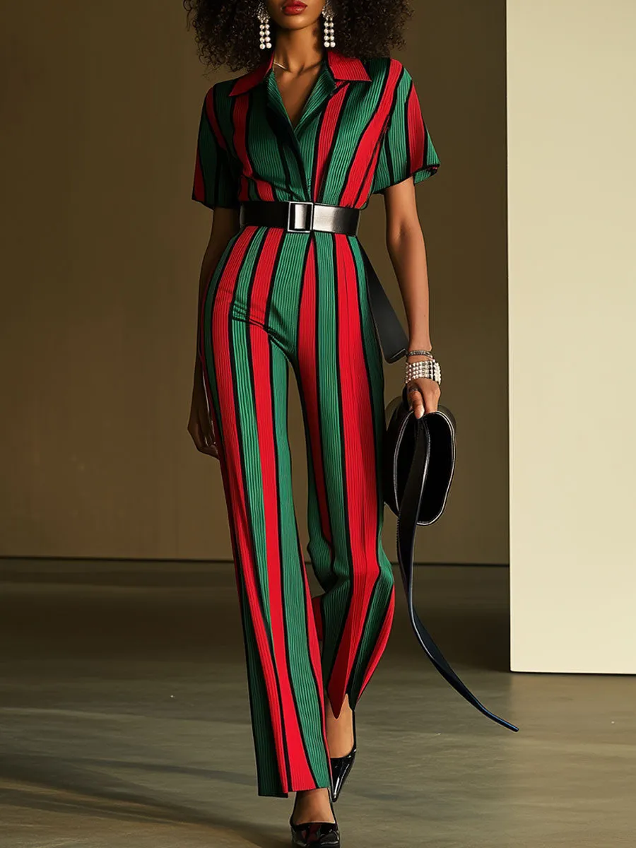 Casual Loose Retro Red And Green Striped Short-Sleeved Jumpsuit