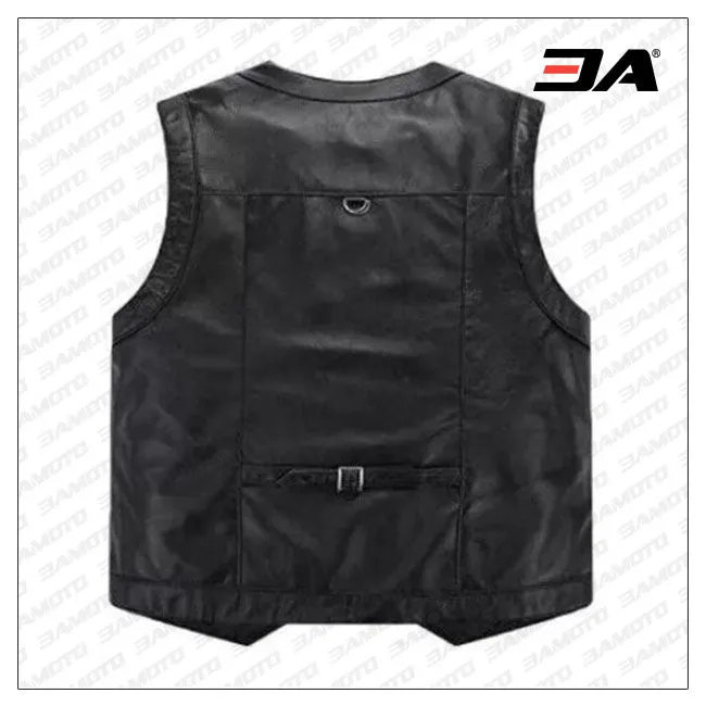 Casual Thicken Black Leather motorcycle Sleeveless Vest for Mens