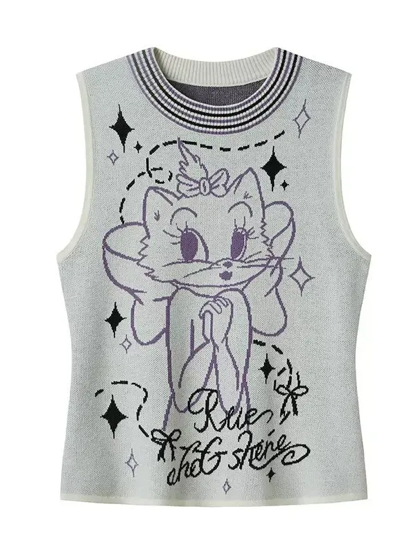 Cat Design Round Neck Knitted Vest