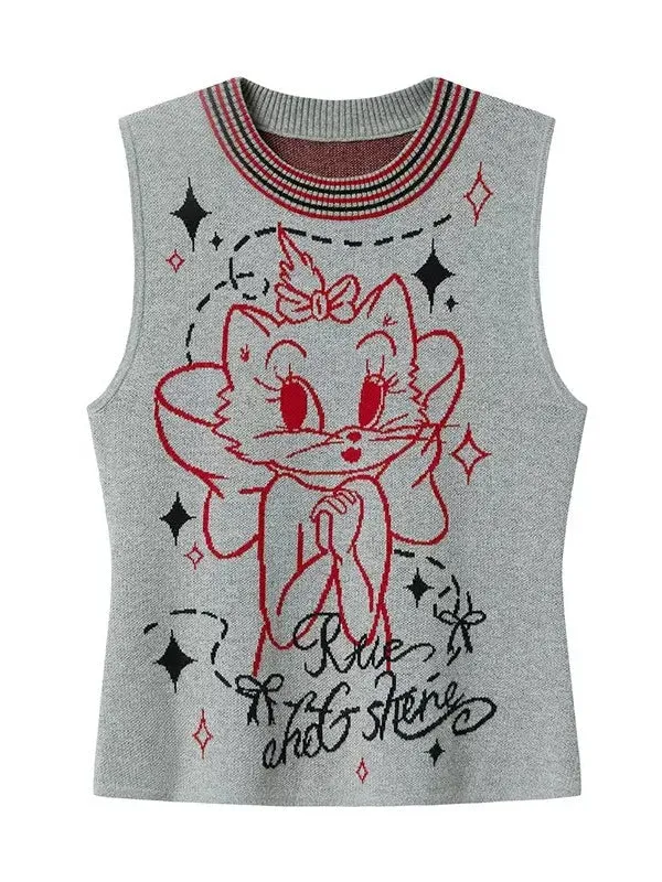 Cat Design Round Neck Knitted Vest