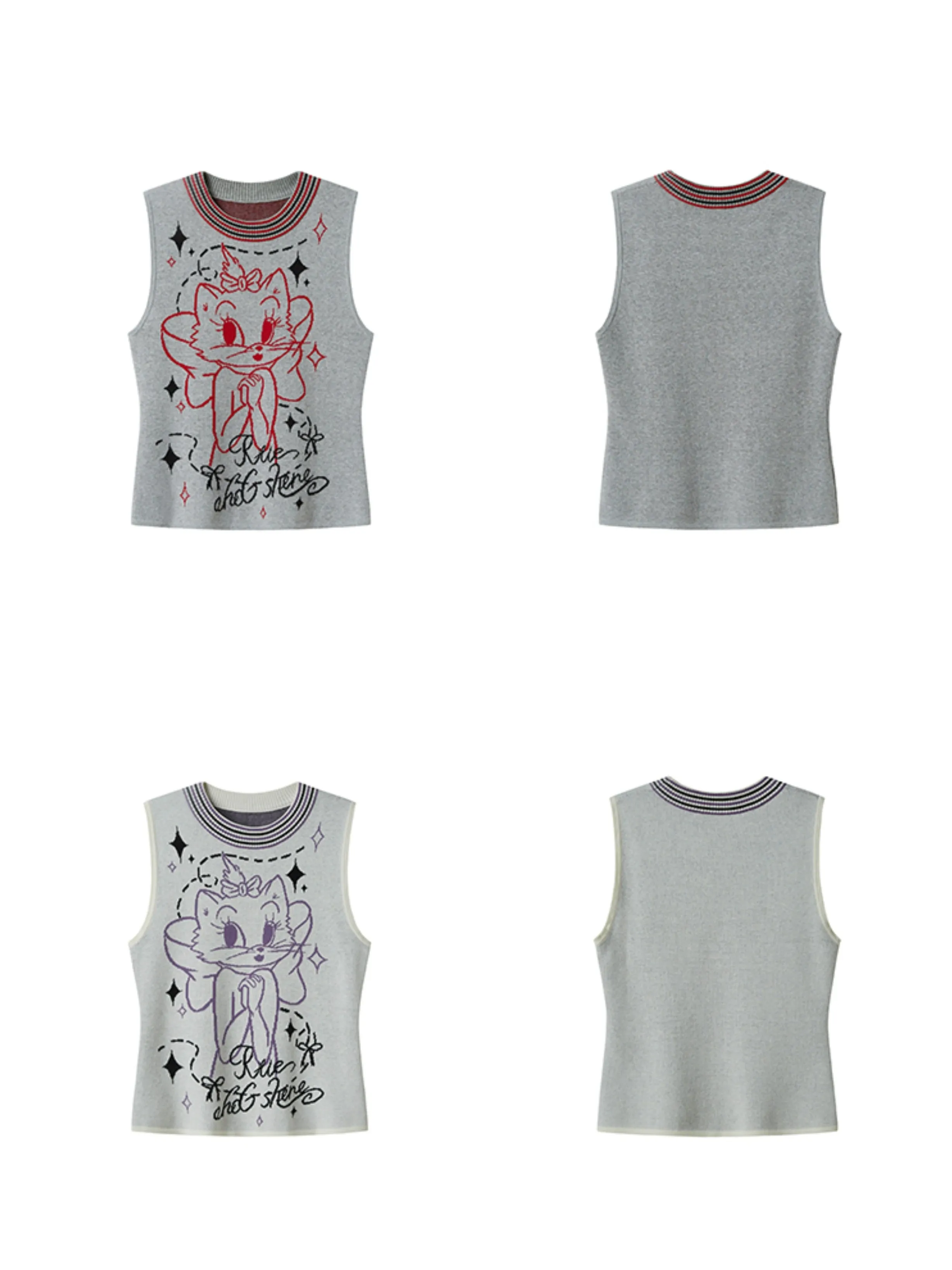 Cat Design Round Neck Knitted Vest