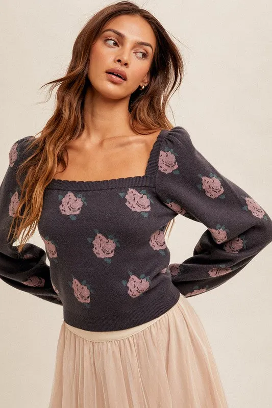 Charcoal Floral Sweater Top