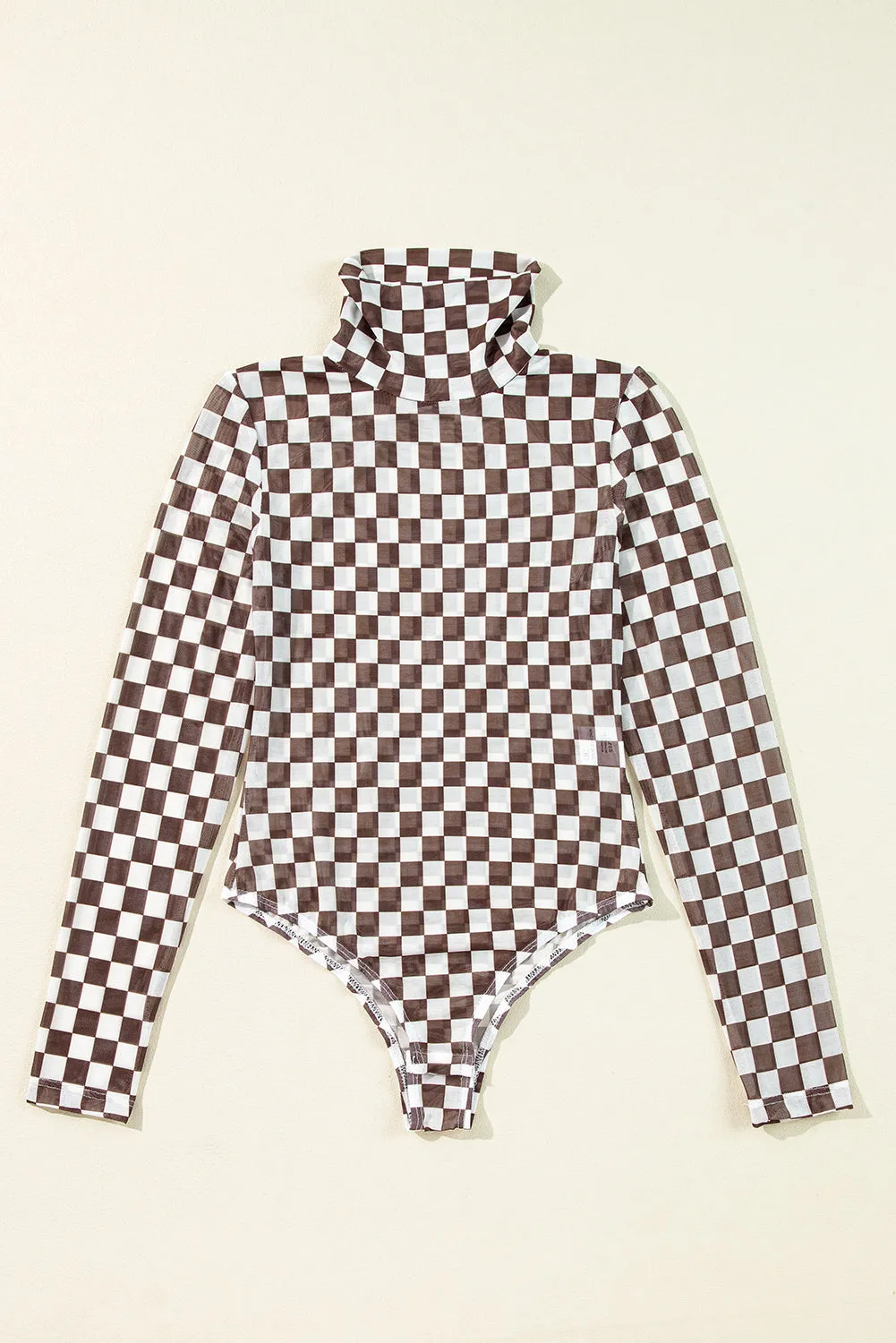 Checkered Printed Long Sleeve High Neck Bodysuit