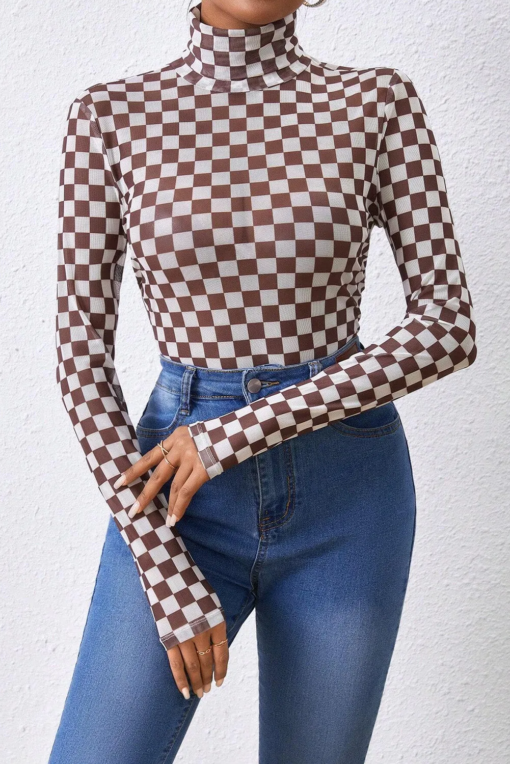 Checkered Printed Long Sleeve High Neck Bodysuit