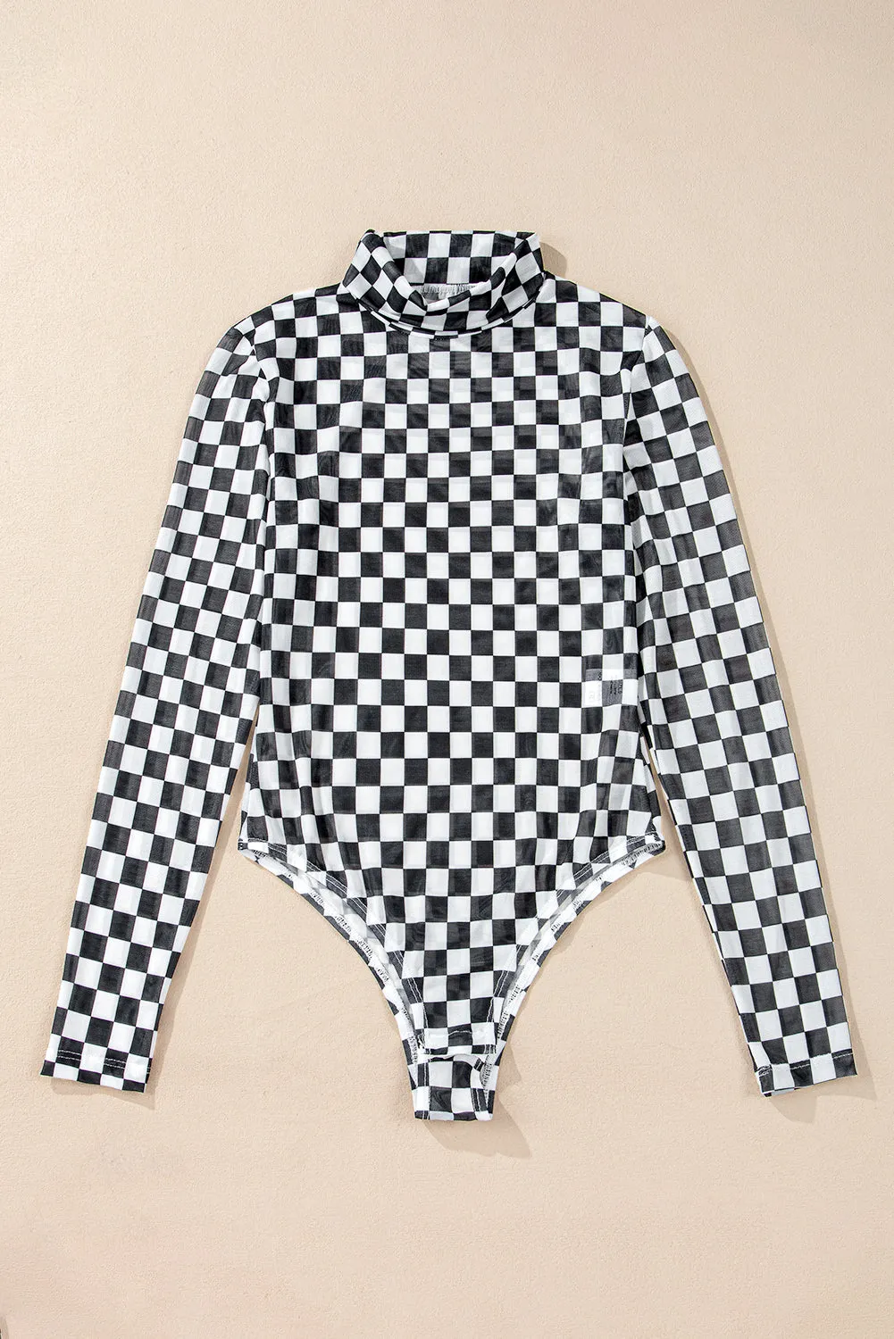 Checkered Printed Long Sleeve High Neck Bodysuit