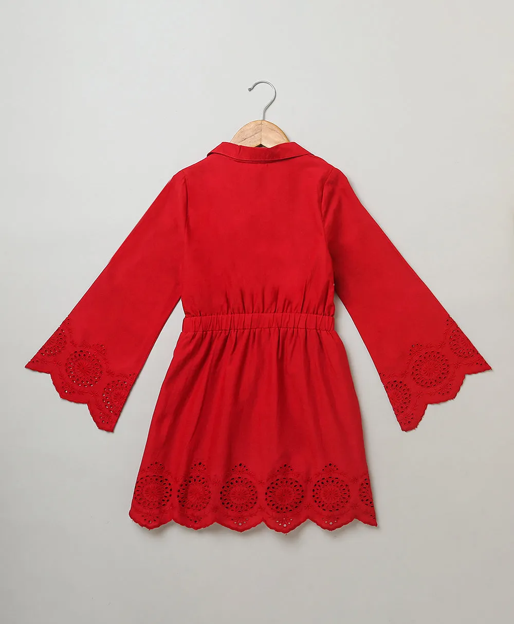 Cherry Red Flared Schiffly Dress