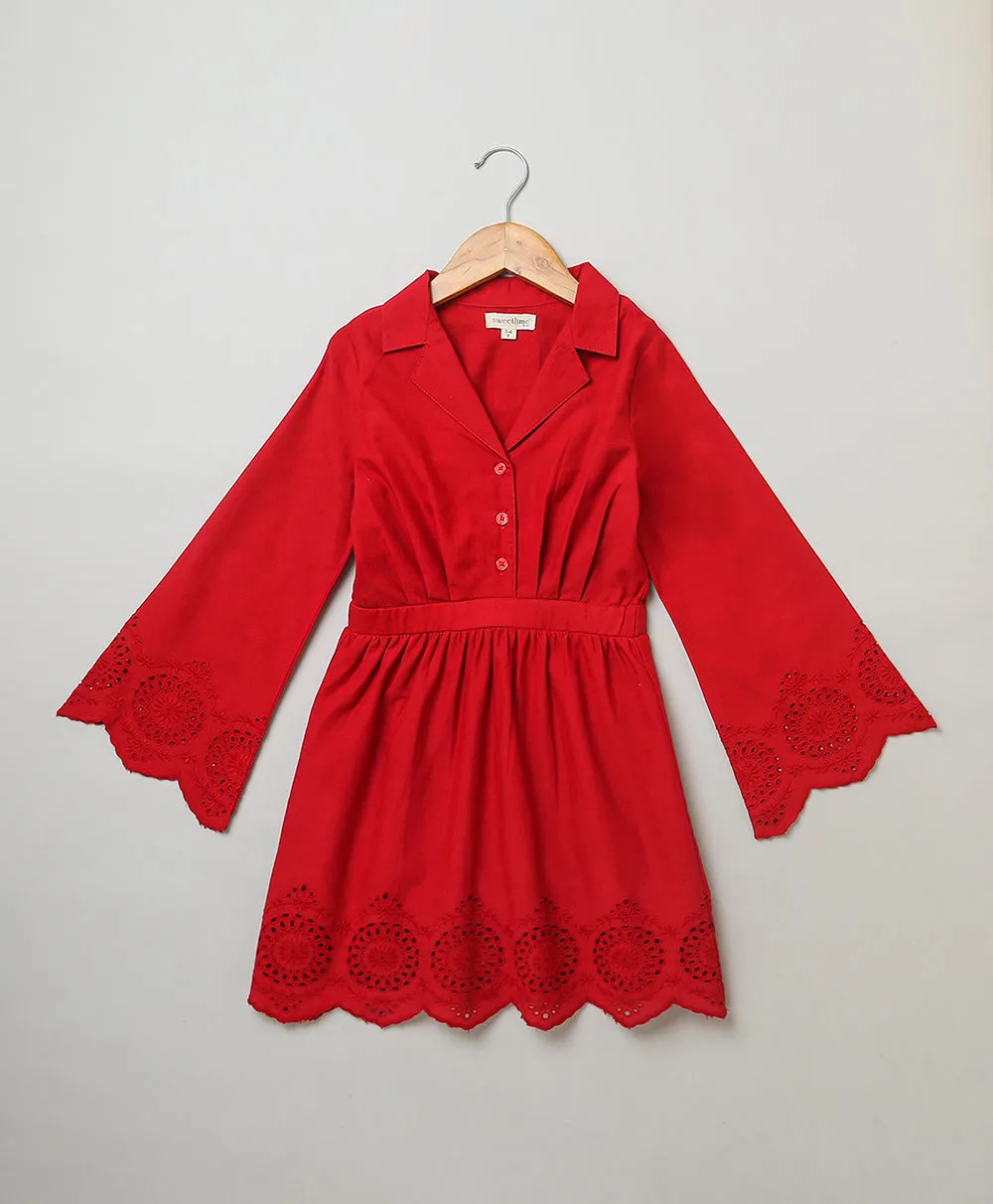 Cherry Red Flared Schiffly Dress