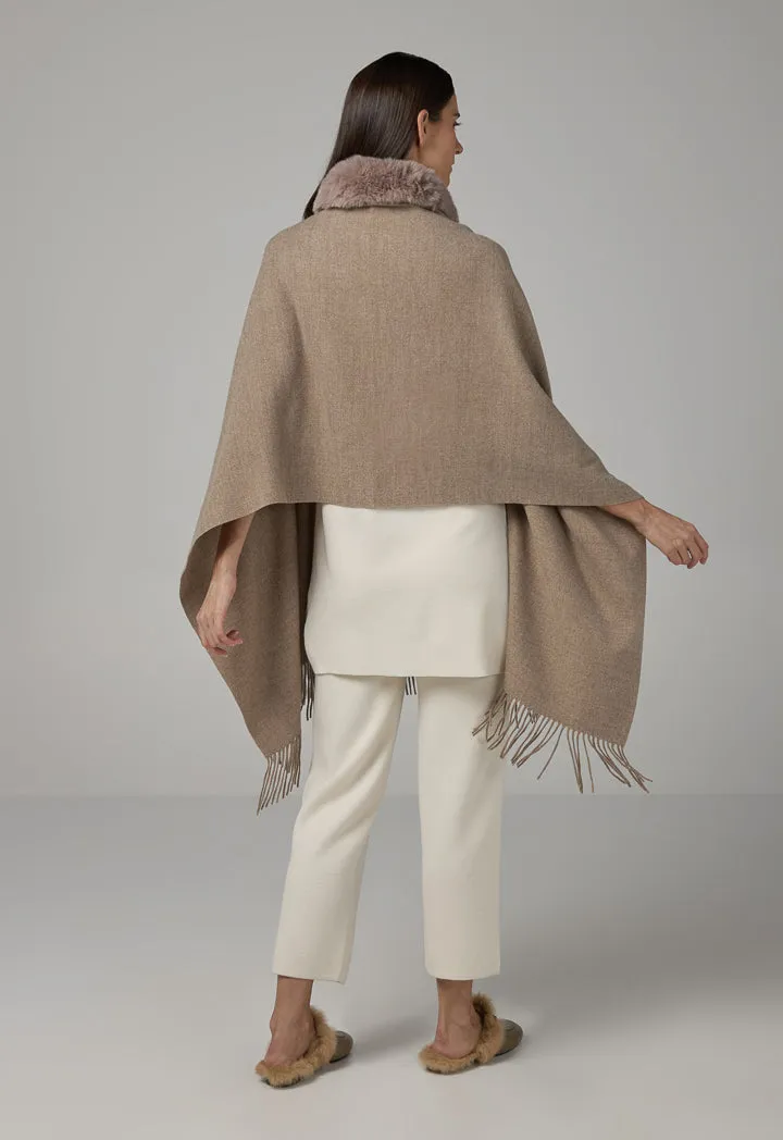 Choice Faux Fur Embellished Poncho Beige