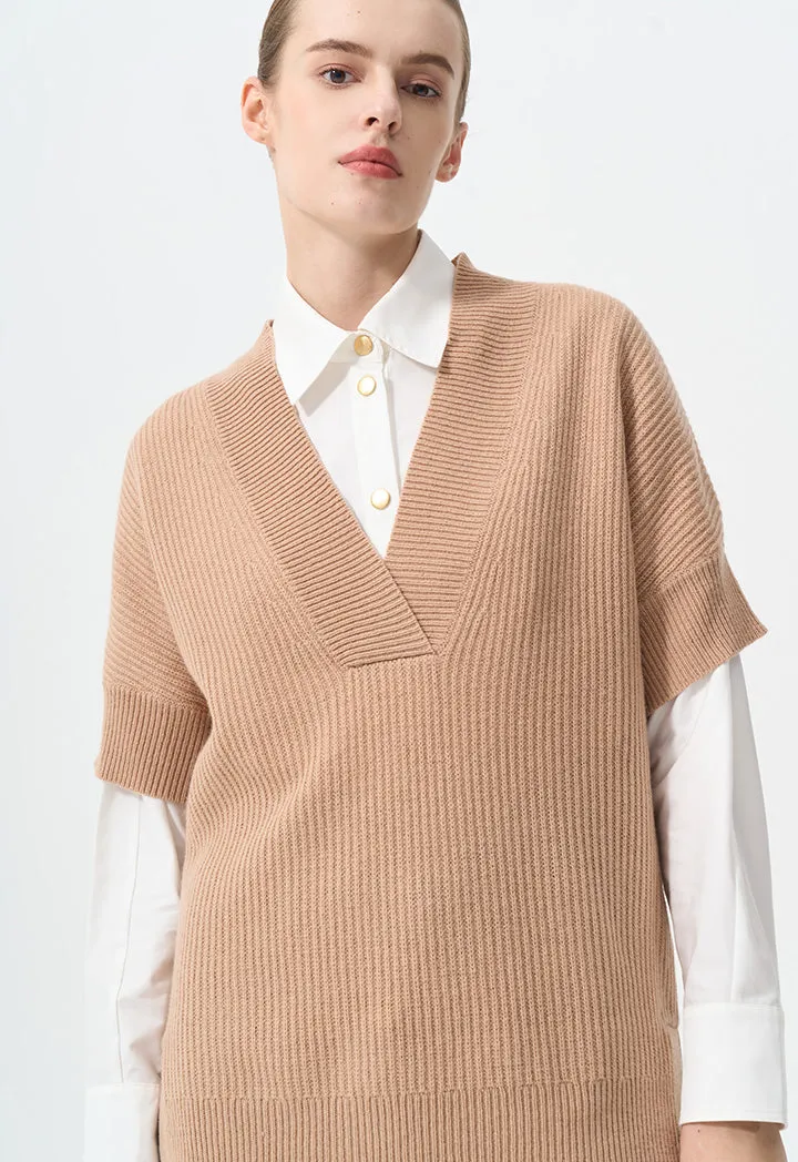 Choice Knitted Oversized V-Neck Vest Camel