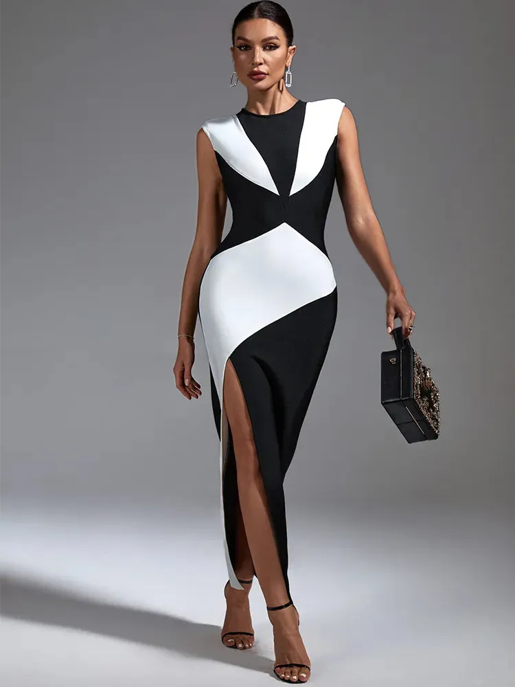 Color Block Ankle Length Slit Dress