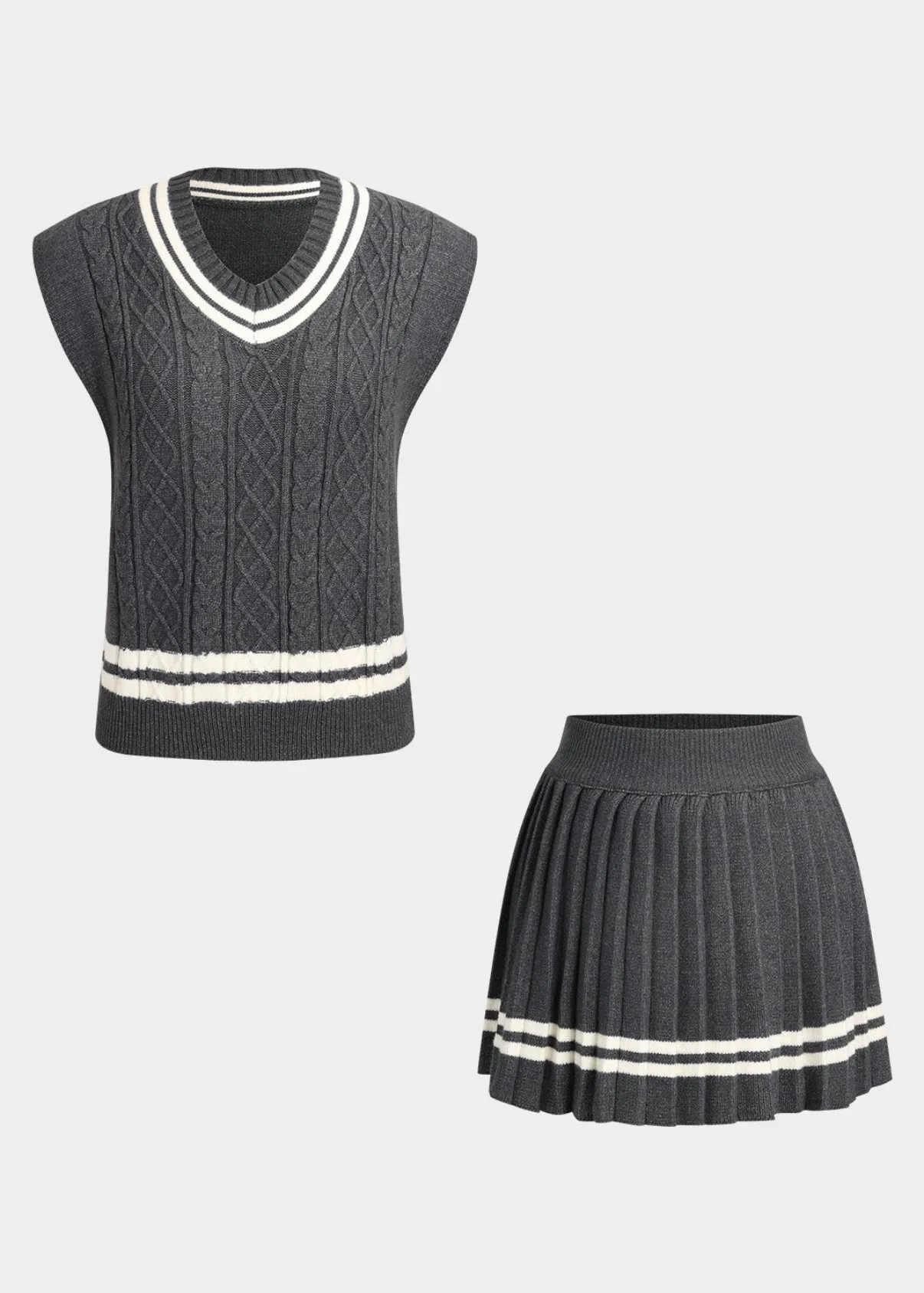 Contrast Color Vest & Pleated Mini Skirt Knitted Set